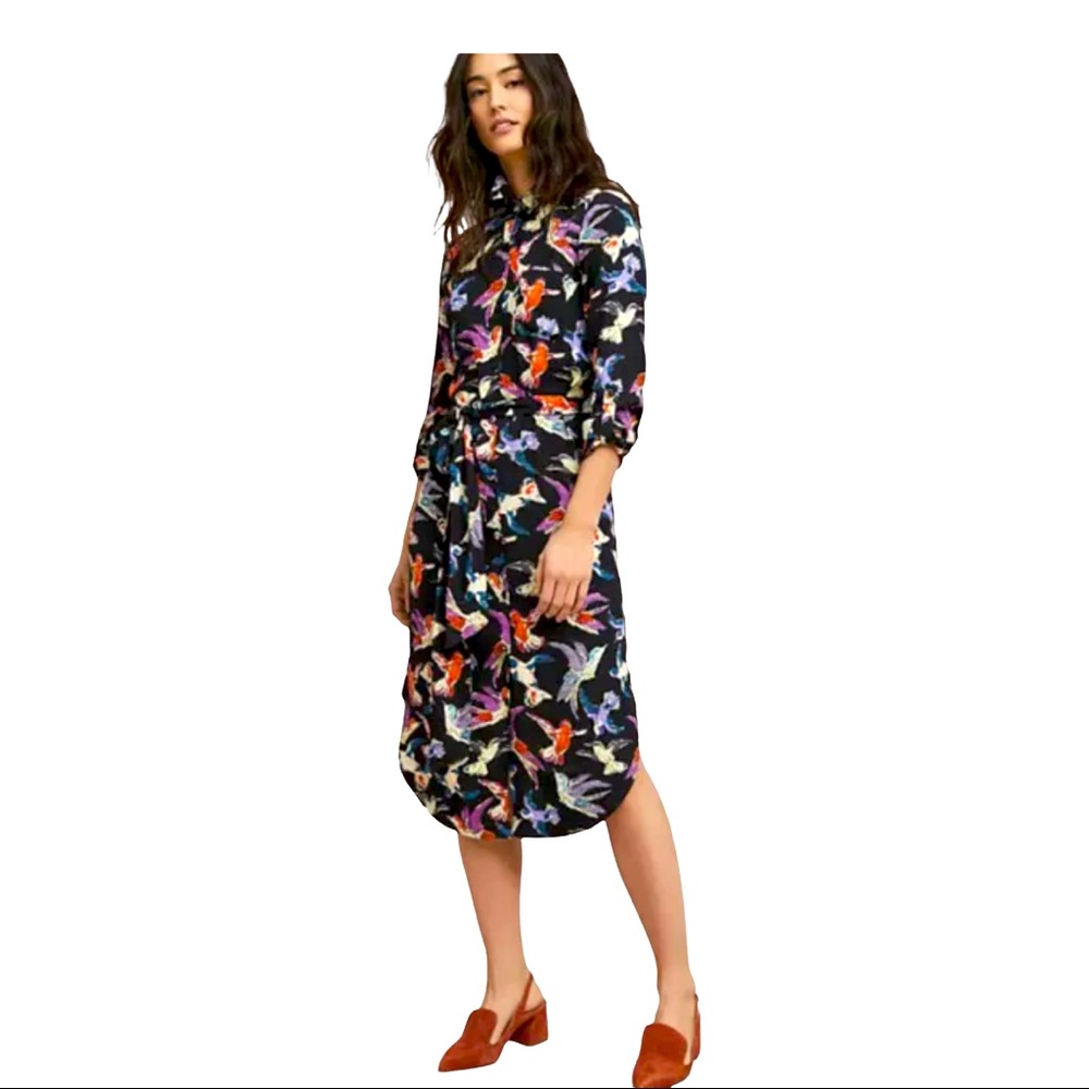 Anthropologie Maeve Martina Bird Shirt Dress Size 12 Belted Cuff Sleeves Buttons